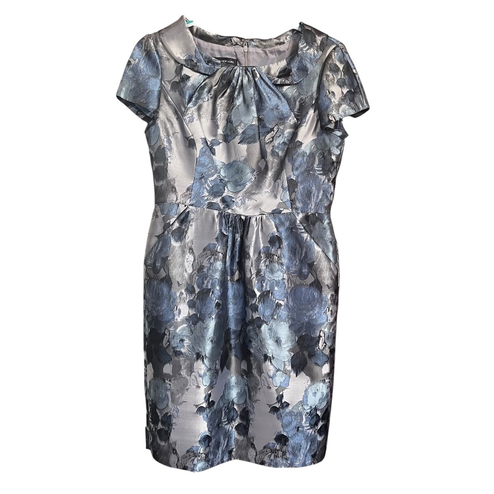 Jones New York Navy Blue & Gray Floral Jacquard Classic Sheath Midi Dress Sz 12
